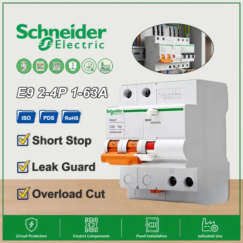 Schneider Electric Miniature Circuit Breaker E9 with Leakage Protector  2P Three - Phase 3P 4P Air Switch Original Product