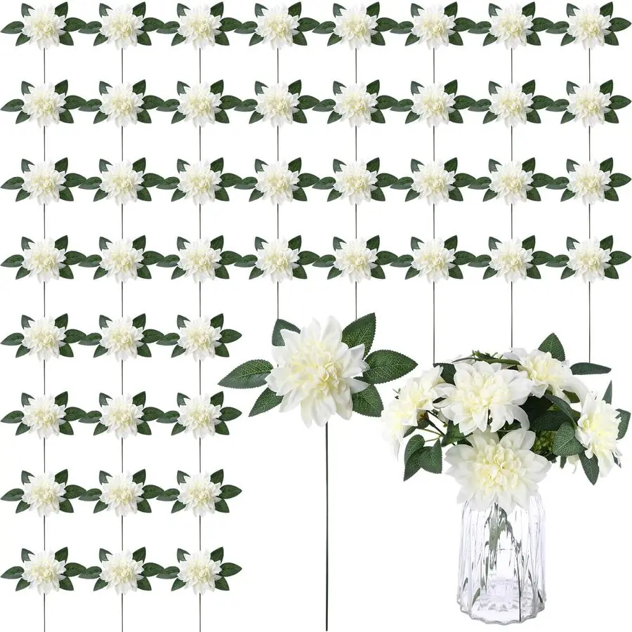 

50 Pack Artificial Wedding Dahlia Flowers Bulk Silk Dahlias with Stems and Green Leaves Fake Flora Decoration Faux Bouquets for