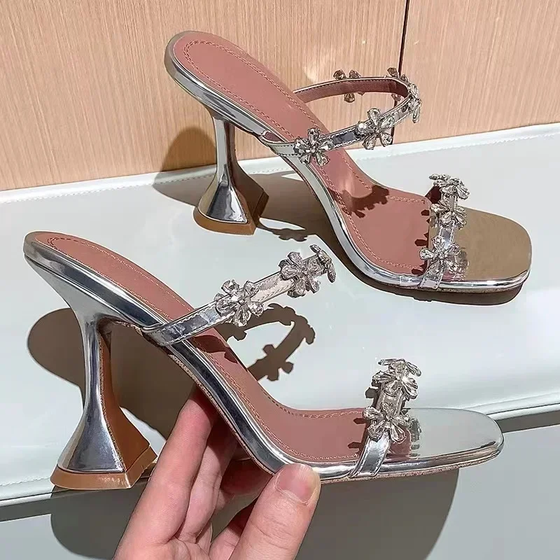 

One Character With Rhinestones,Wearing Slippers On The Outside,Women's New Wine Glasses Sexy Open Toe High Heels Sandals Women