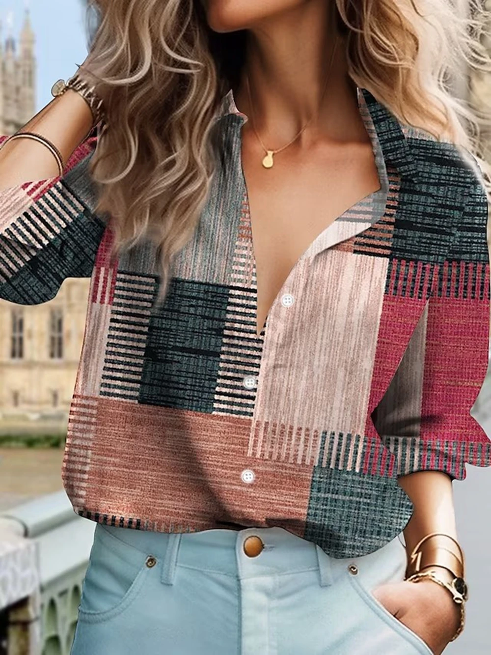

Women's shirt color block button print long sleeve casual retro everyday 2024 spring and summer tops
