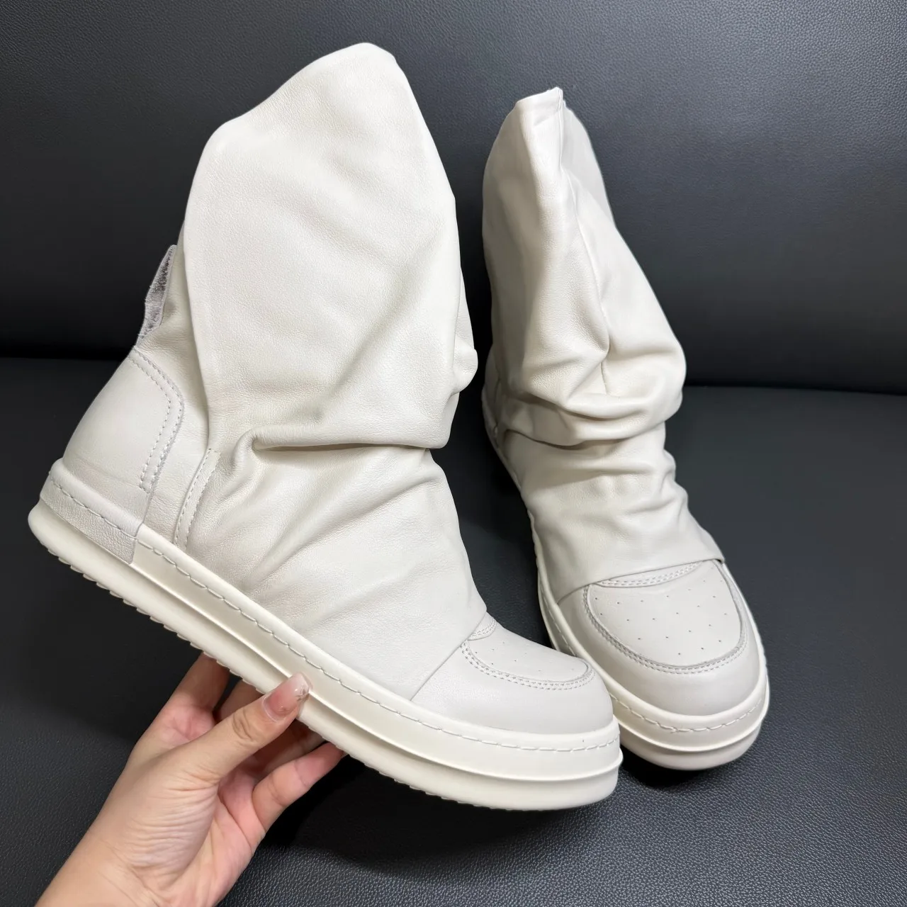 Men's High Top Casual Shoes Beige Luxury Pleated Design Genuine Leather Handmade Short Boots -  Street Style for Women And Men