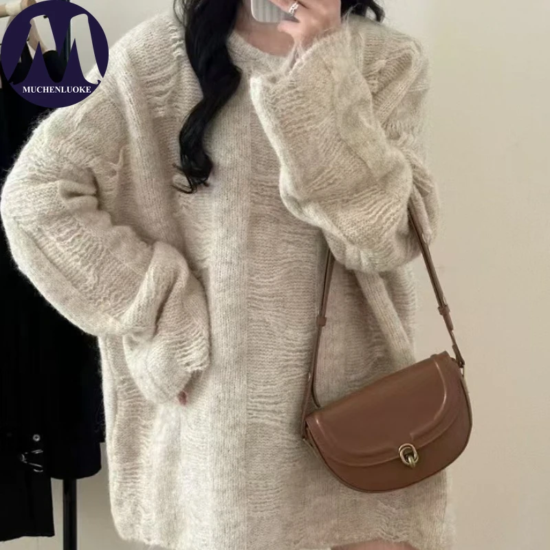 المرأة الخريف الشتاء محبوك سترة طويلة الأكمام س الرقبة كسول نمط عادية فضفاض سميكة الدافئة الكورية سترة الموضة #5