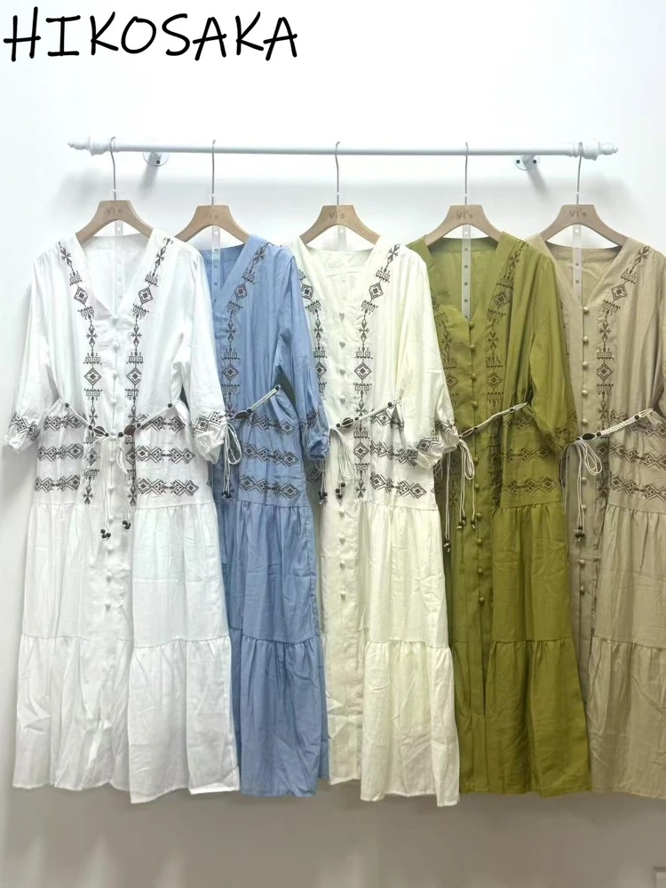 

Ethnic Style Embroidery Long Sleeve Dress V-neck Single Breasted Loose Bohemia Midi Length Robe Fashion Casual Vintage Ropa