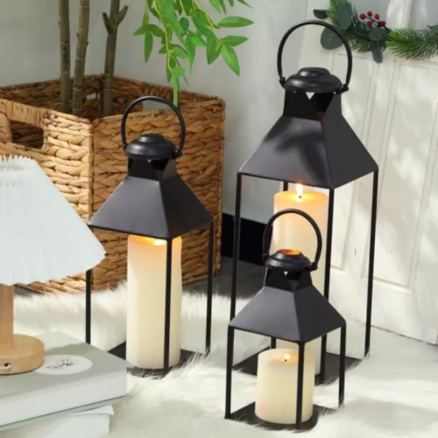 مجموعة من 6 فوانيس شمعة مزخرفة في 19 15 11 مقاسًا مع تصميم جمالي للمزرعة العتيقة باللون الأسود بدون زجاج f
