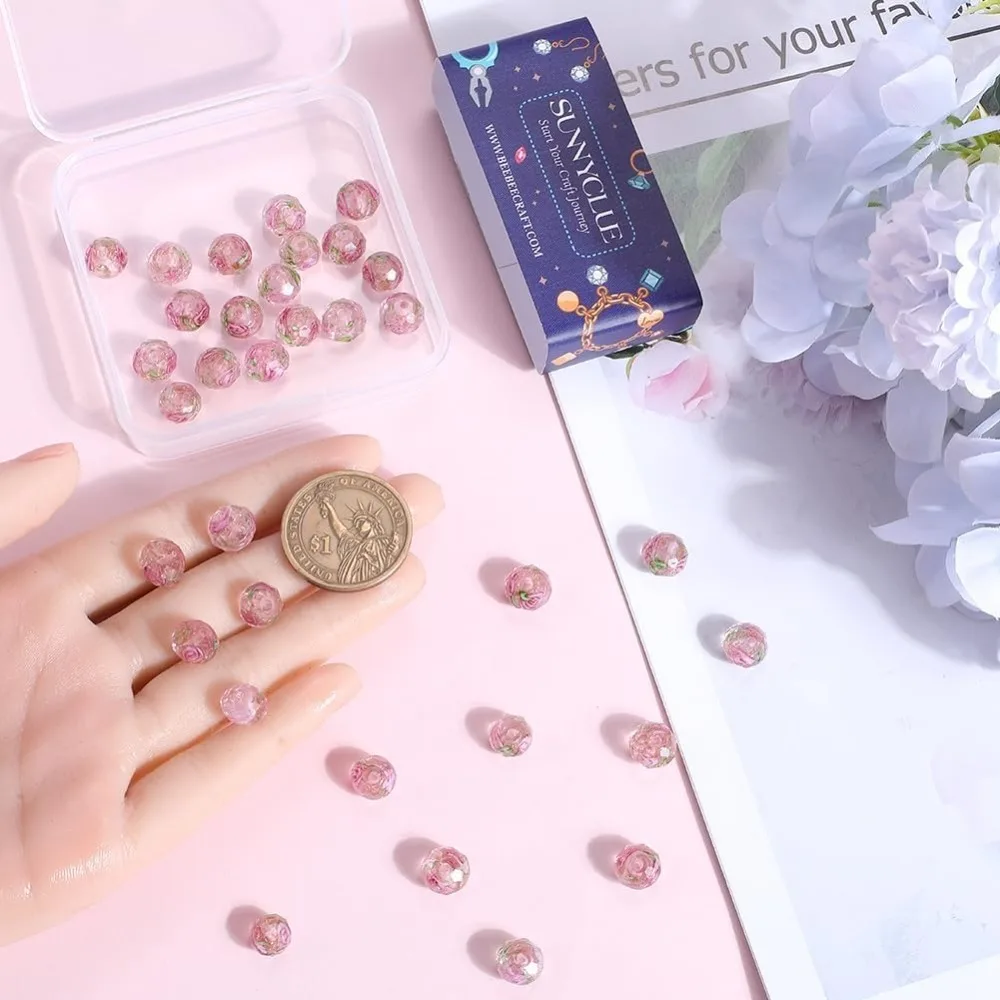 1 صندوق 40 قطعة 9 ~ 10 مللي متر الرمال Lampwork الخرز السائبة Lampwork الزجاج حبة اليدوية الوردي الوردي الأزهار فاصل مستدير Lampwork الخرز #3