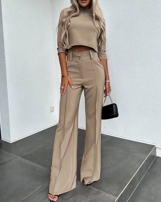 2024 Spring and Autumn New Fashion Small High Neck Fit Women\'s Set Solid Pocket Micro Horn Pants Set for office lady Outfits