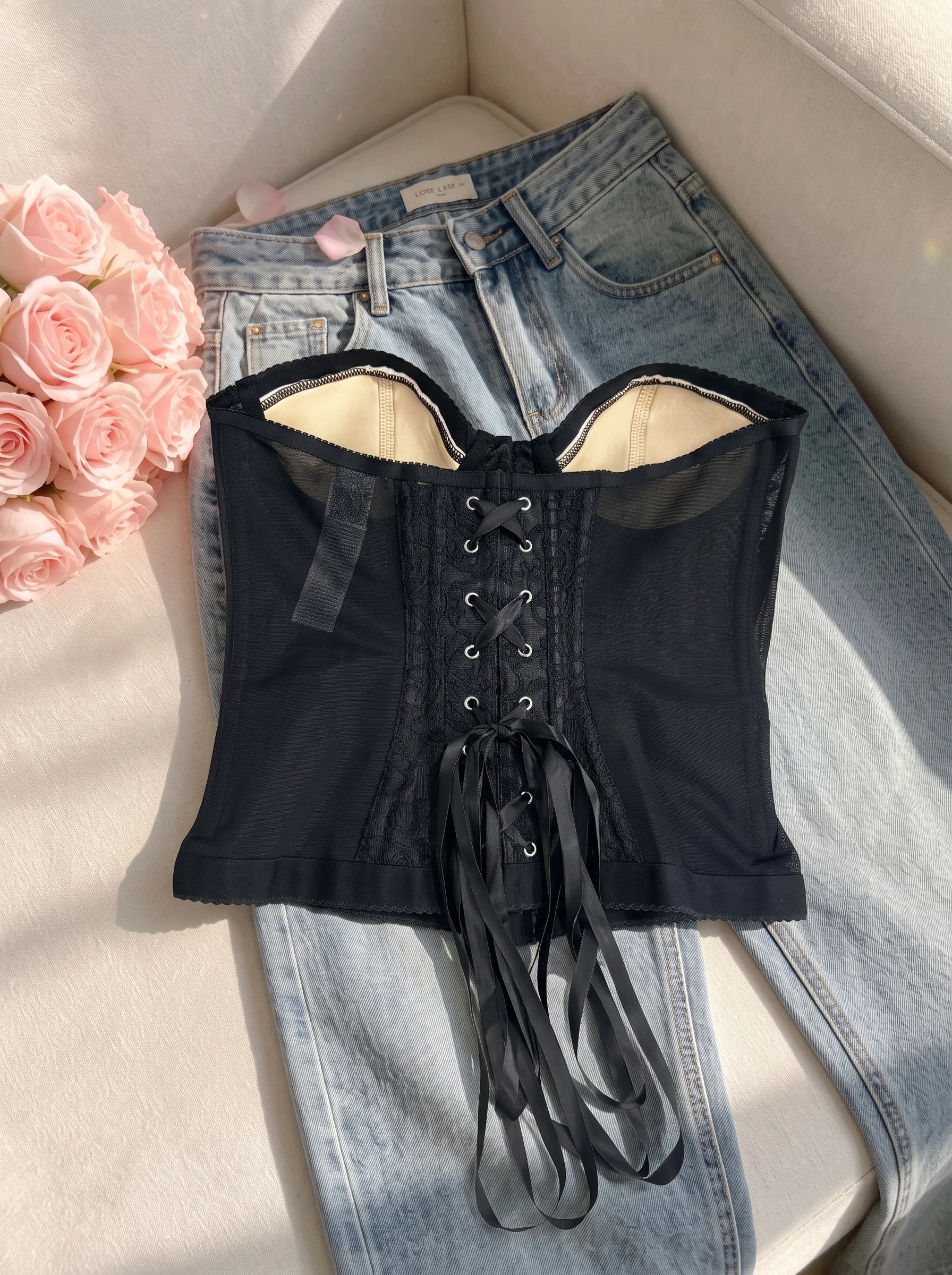 Women's Black Lace Bustier Corset Top - Sexy Gothic Steampunk Overbust Corsets with Front Buttons, Vintage Tube Top for Party