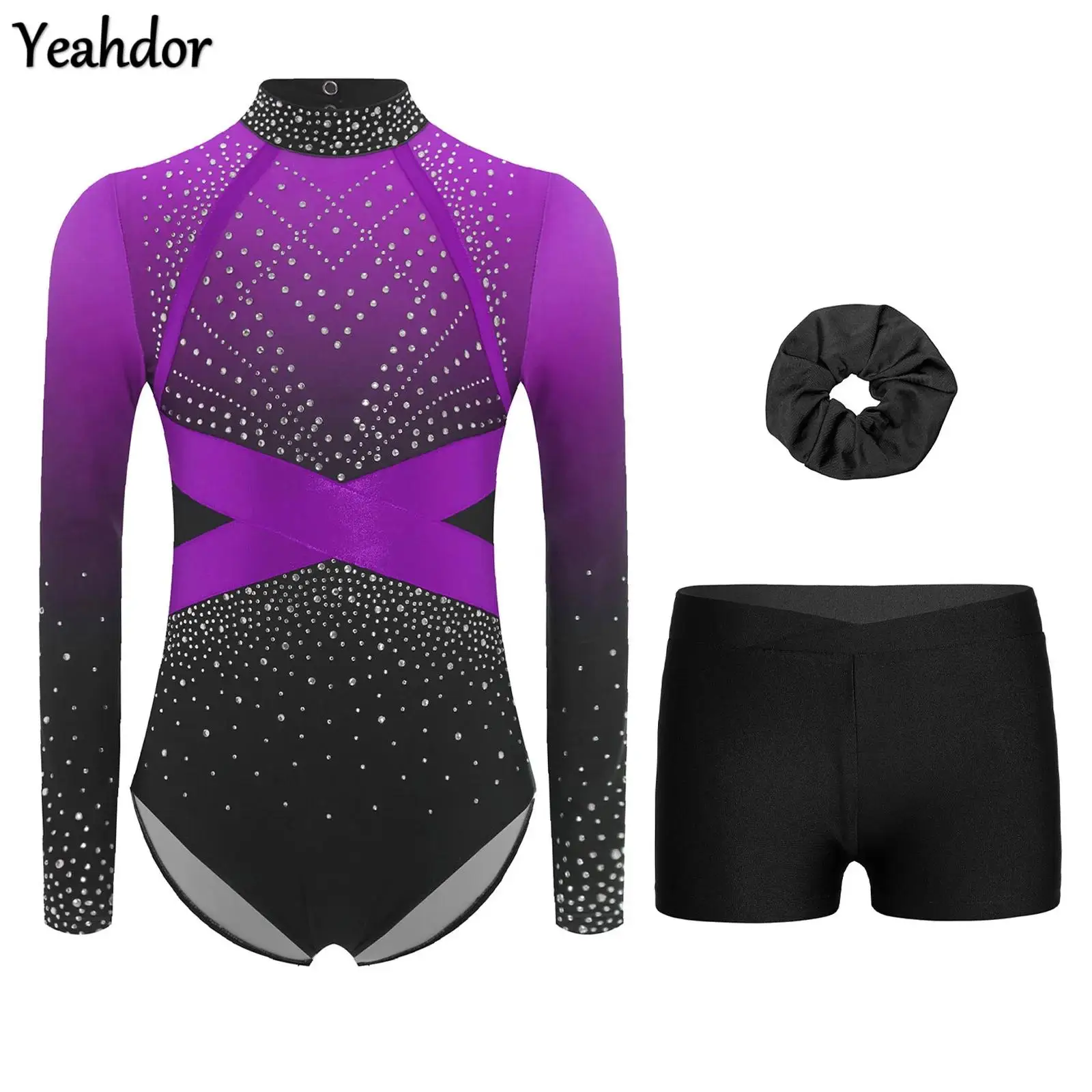 

Kid Girls Long Sleeve Ballet Dance Outfit Rhinestone Gymnastics Leotard Jumpsuit And Shorts Hairband Set Skating Yoga Unitards