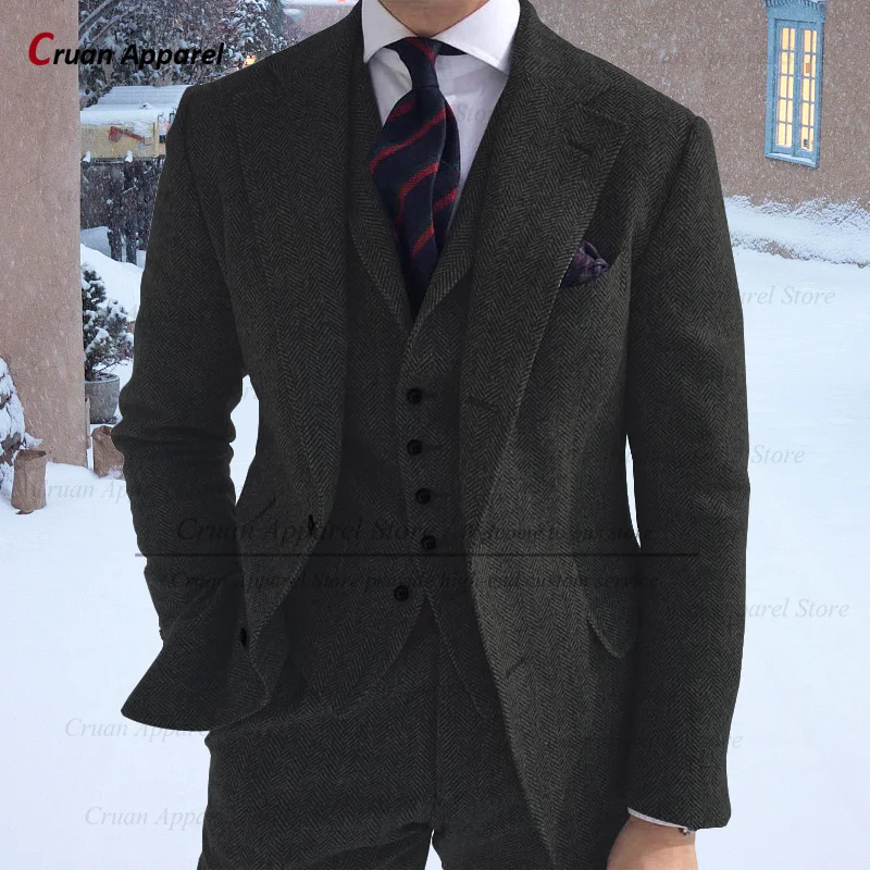 Ensemble de smoking en tweed trempé à chevrons pour hommes, veste rétro sur mesure, pantalon en émail, formel, affaires, mariage, 3 pièces