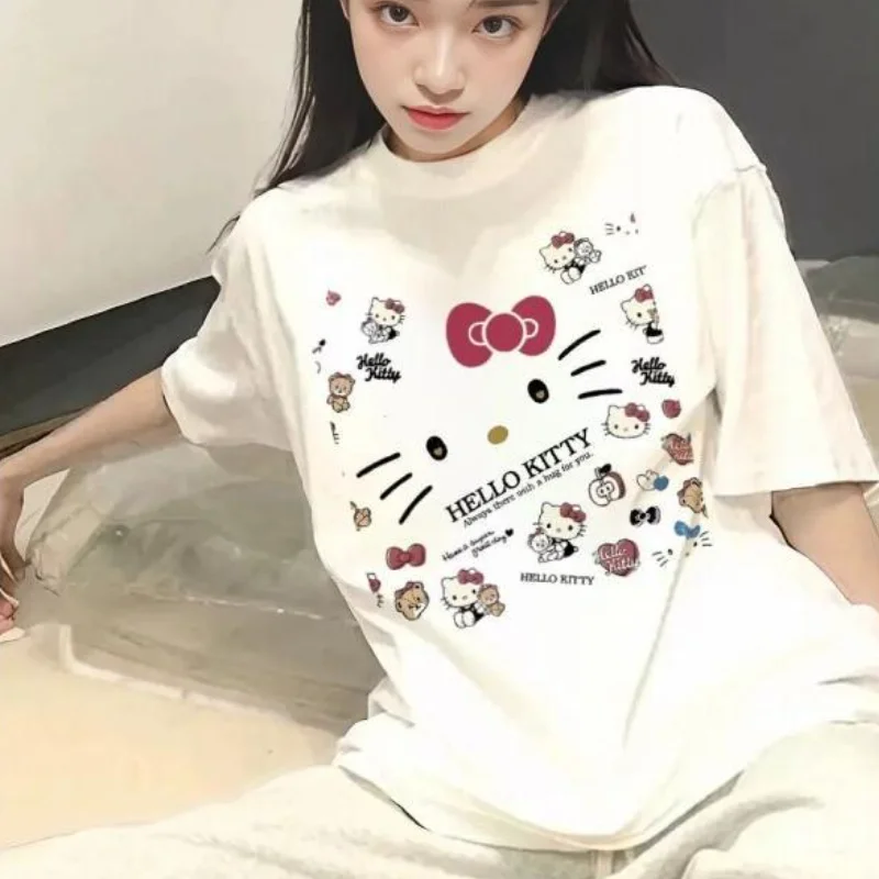 

Sanrio Hello Kitty American Design Print Short Sleeve T Shirt Cartoon Casual Wear Trendy Fashion Tops Women Kawaii Tops