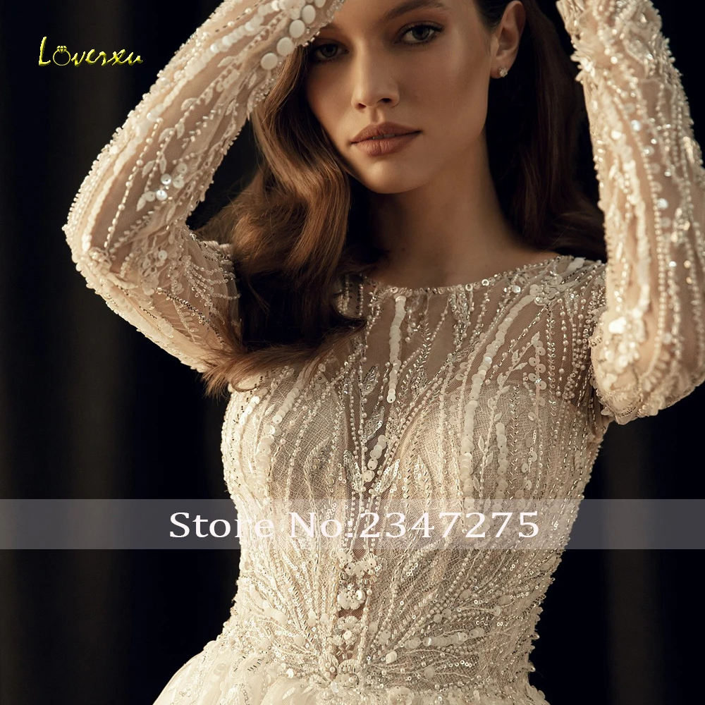 Loverxu Princess Wedding Dresses 2024 O-Neck Long Sleeve Robe De Mariee Lace Beaded Applique A-Line Court Train Vestido De Novia