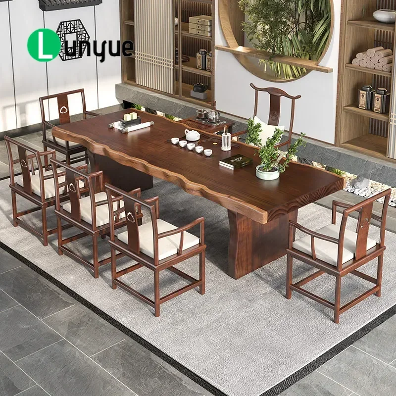 Solid Wood Log Tea Table and Chair Set 2m Large Board Kung Fu Tea Table with Integrated Tea Tray for Living Room Home