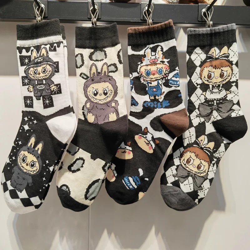 

4 Pairs Labubu Socks High Quality New Spring and Fall Cartoon Combed Cotton Mid-calf Men and Women's Mid-calf Socks Average Size