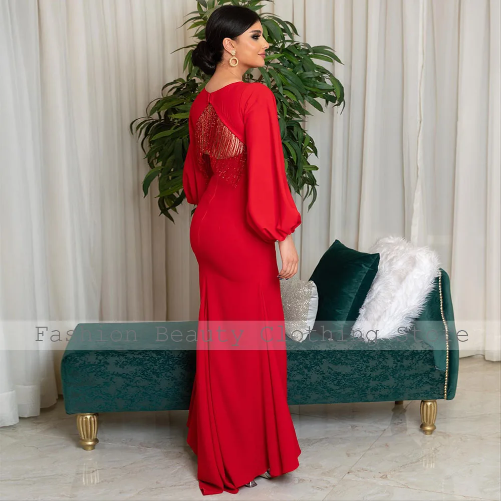 Dubai Evening Dresses Red Puffy Sleeves V Neck Mermaid Evening Gowns for Women 2024 Tassel Open Back Trumpet Formal Party Dress