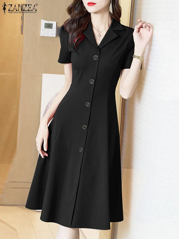 ZANZEA Women Elegant Long Shirt Dress Korean Lapel Collar Party Dress 2024 Summer Waisted Robe Casual Short Sleeve Work Sundress