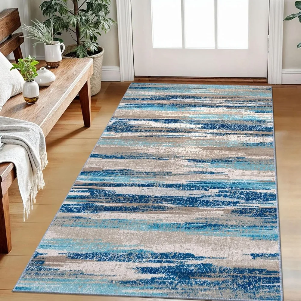 

Contemporary Abstract 3x5 Indoor Rug, Washable and Non-Slip, Plush Entryway Mat, Blue Kitchen Floor Covering, Thin Printed Faux