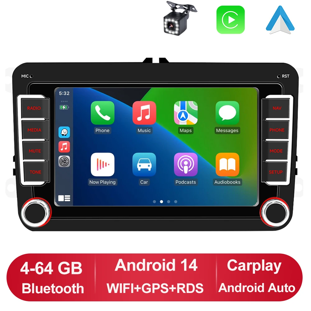 GEARELEC 2 DIN autoradio Carplay voor VW Volkswagen Skoda Octavia Golf 5 6 Touran Passat B6 Polo Jetta Android 14 2 Din multimediaspeler Android Auto autoradio