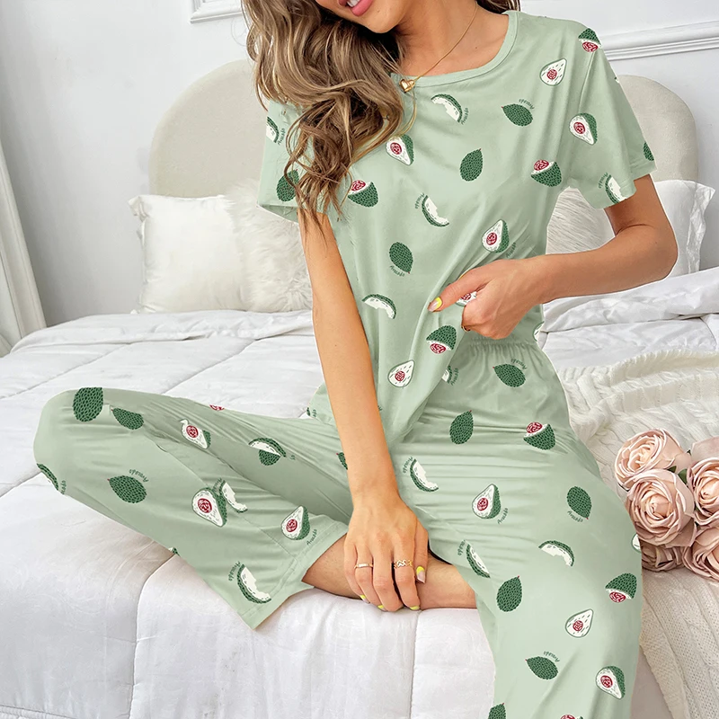 Women\'s Home Clothes 2023 Autumn New Pajamas Set Avocado Pattern Printing Short Sleeve T Shirt Long Pants Sleepwear 2 Piece Sets