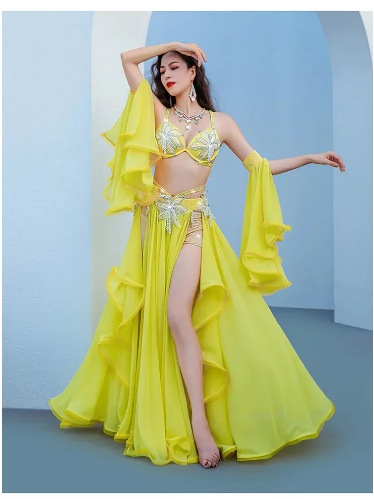Customized Belly Dance Suit Diamond-Studdedn Bra Split Long Skir Performance Costumes Set Female Adult Top Competition Clothing