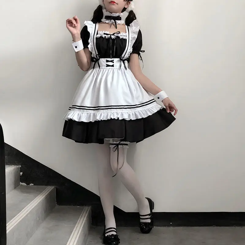 

Halloween Maid Set Waiter's Cute Dress Men's Women's Costume Big Character Black and White Style Plus Size Short Sleeved Dress