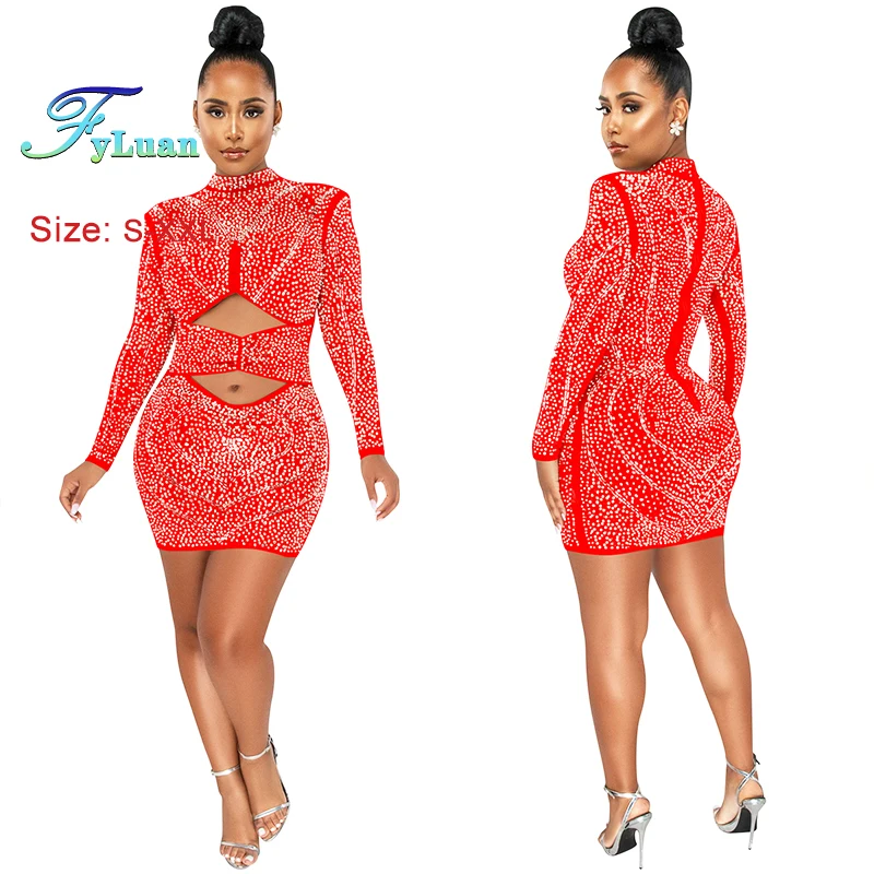 

New Product Women Casual Solid Color Mid Dress Bodycon Rhinestones Long Sleeve Mesh Perspective Celebrate Party Evening Dresses