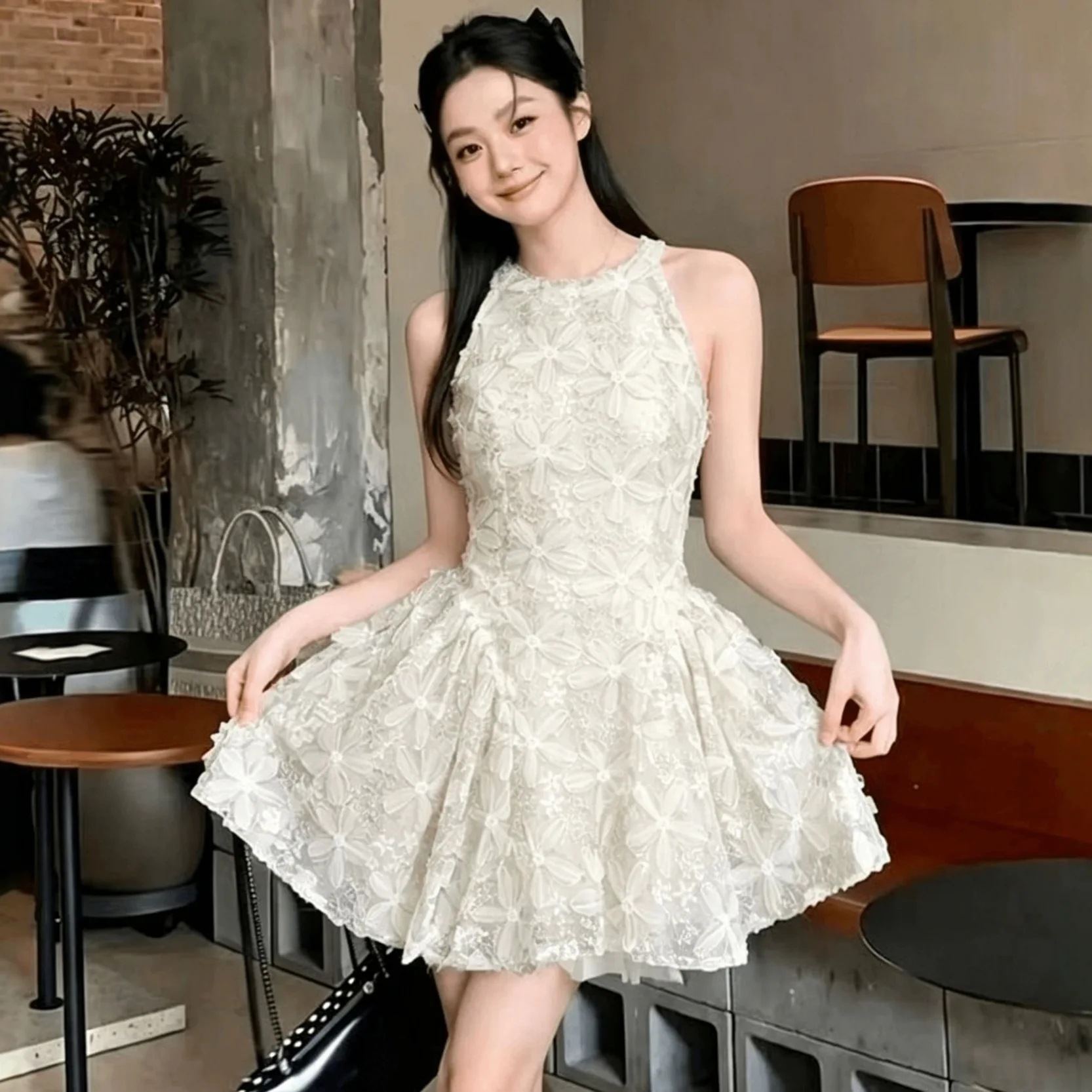 

Sweet Princess Puffy Skirt Dress O-Neck Sleeveless High Waist Flower Embroidery Mini Dress Cocktail Party Prom Evening Ball Gown