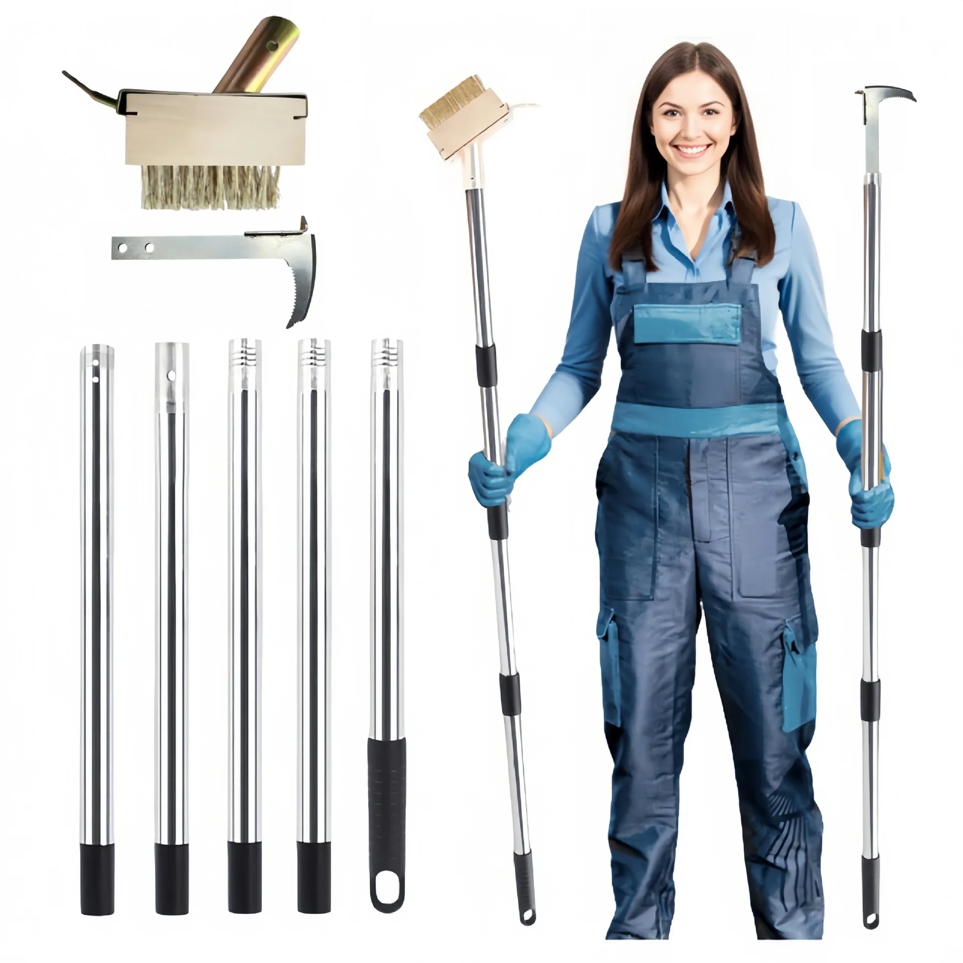 Moss Remover Brush Tool Set Weed Hook Detachable Long Handle Crack Weeder Puller Walkways Roof Moss Removal Garden Hand Tool