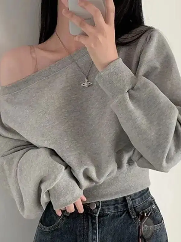 Spicy Girl Shoulder Bared Long Sleeve Sweatshirt Women's Early Spring New Style Pure Color Fashionable Versatile Top Trendy