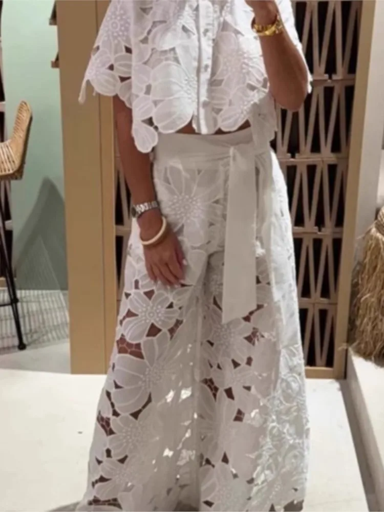 

Elegant Lapel Single-breasted Short Top + Wide-leg Pants 2-piece Set For Women Fashionable Sexy Hollow Lace Loose Suit Female