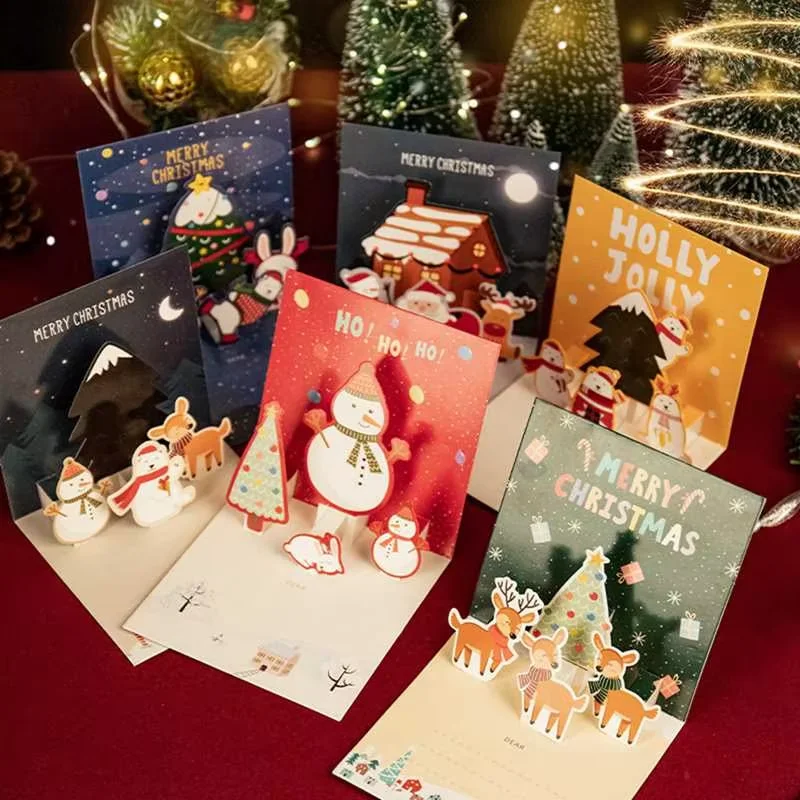 

1PCS Christmas Cards 3D Pop-Up Greeting Cards With Envelope Santa Claus Snowman Blessing Thank You Postcard Birthday New Year