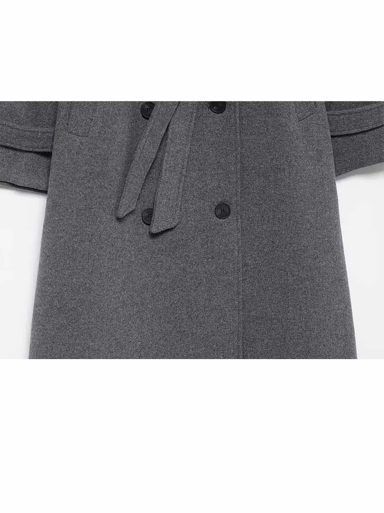 

HH Woman Winter Fashionable Long Sleeves Lapel Double Breasted Belt Decoration Long Coat Female Commuting Casual Warm Loose Coat