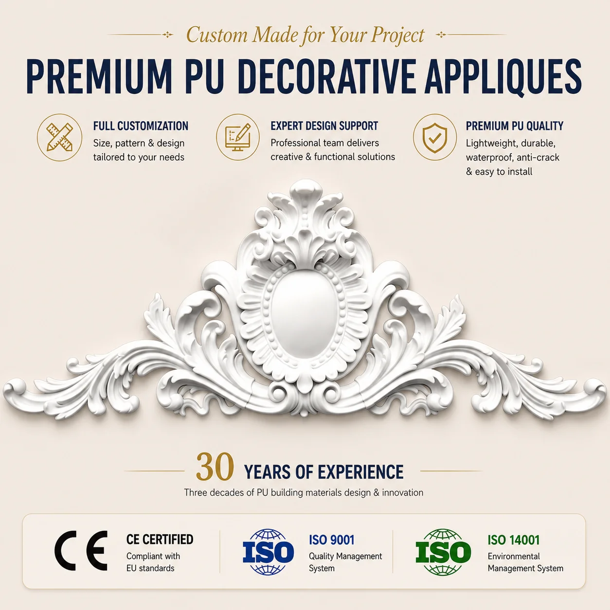 PU Large Baroque Pediment Cartouche Wall Onlay Oval Shield Acanthus Scroll Wings Decorative Applique Modern Exterior Rot