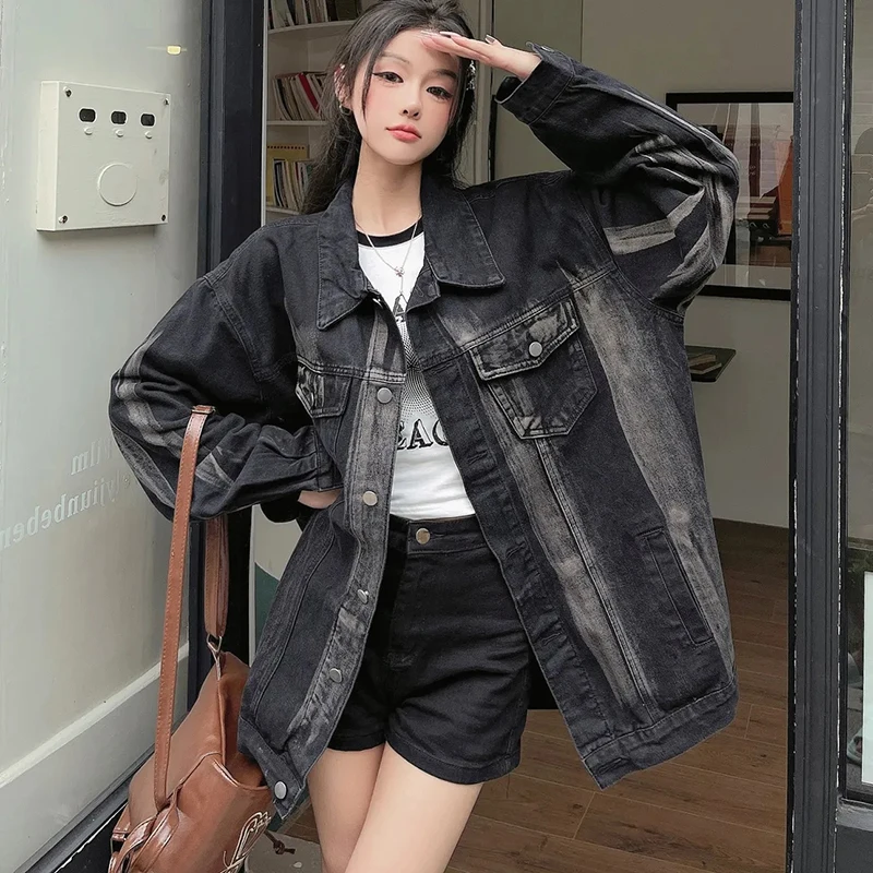 

Black Denim Jacket Spring Autumn New Fried Street Retro Loose Basic Coat Tie Dye Fashion Female Loose Casual Motorcycle Coats