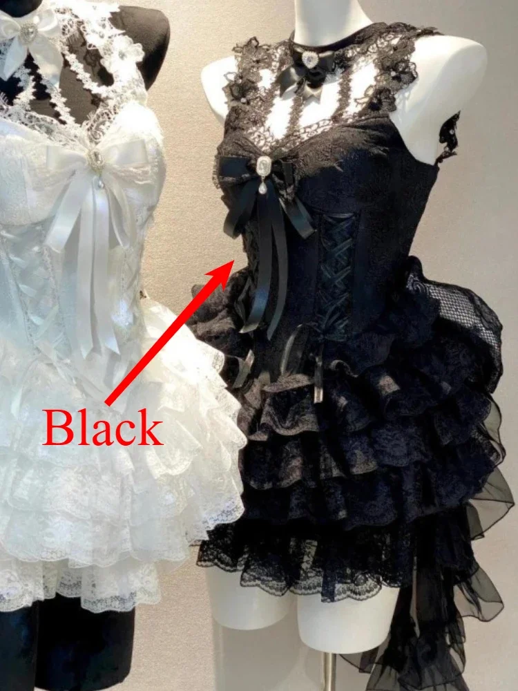 Japanese E-girl Gothic Vintage Dress Women Half High Neck Short Sleeve Bow Lace Mini Dress Cinch Waist Sweet Spicy Black Dress - Image 3
