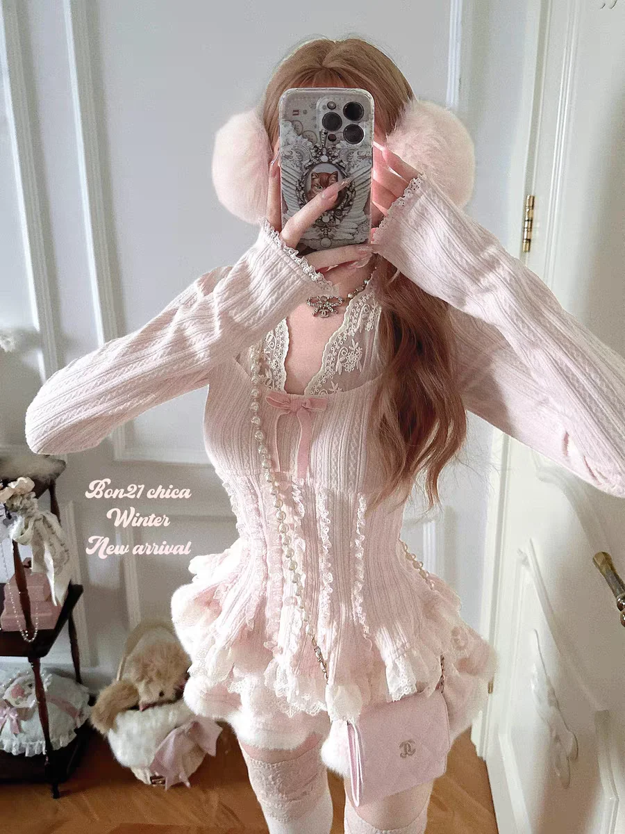 Princess sweet lolita Shirt bobon21 Frost Fragrance Ode Lace Neck Hanging Fake Two Piece Knitted Shirt T2437