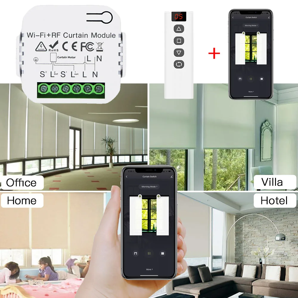 Tedeligo Tuya Smart WiFi RF Curtain Switch,Roller Shutter Blinds Garage Control Module and 5CH Remote,work with Alexa,110V 220V