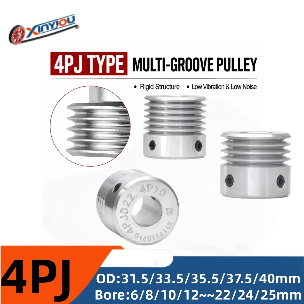 4PJ Aluminum Alloy Poly V Belt Pulley31.5/33.5/35.5/37.5/40mm OD Bore 6-25mm 4-Rib Serpentine Drive Pulley for PJ Belt Multi-Rib