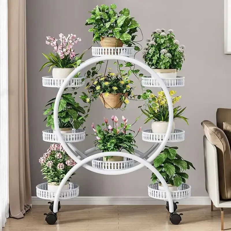 Flower stand, wrought iron multi-layer with wheels,dill flower pot frame,balcony floor-to-ceiling movable indoor flower pot rack