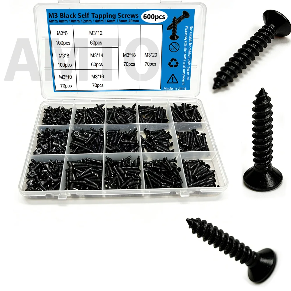 380 schwarze selbstschneidende Schrauben (6 mm, 8 mm, 10 mm, 12 mm, 14 mm, 16 mm, 18 mm, 20 mm), Holzschrauben-Verriegelungsset – Detail 1