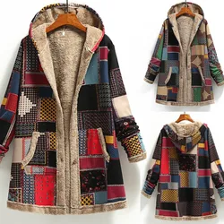 Winter Female Warm Coat Print Thick Fleece Hooded Long Jacket with Pocket Ladies Loose Outwear Coat