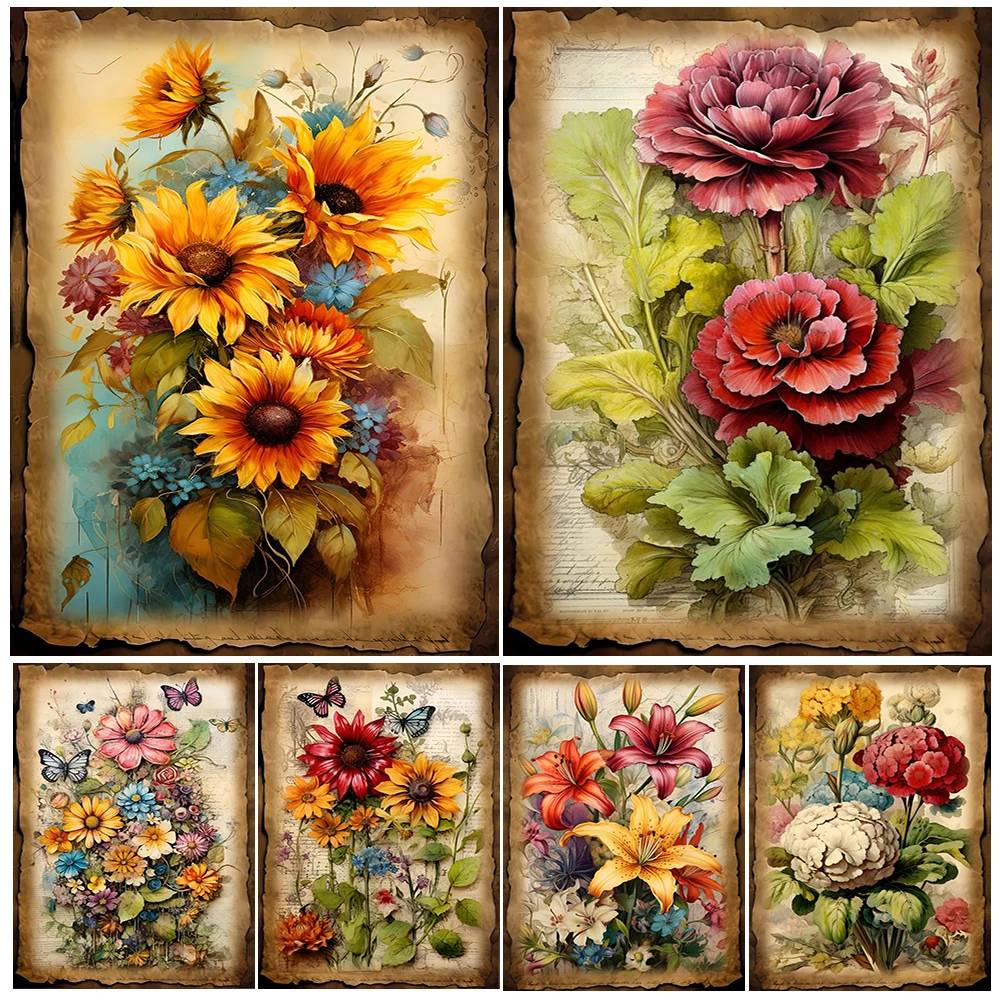 Botanical Junk Journal,Shabby Floral Art Poster And Print,Botanical Garden Vintage Wall Art Canvas Painting,Home Decor Unframed