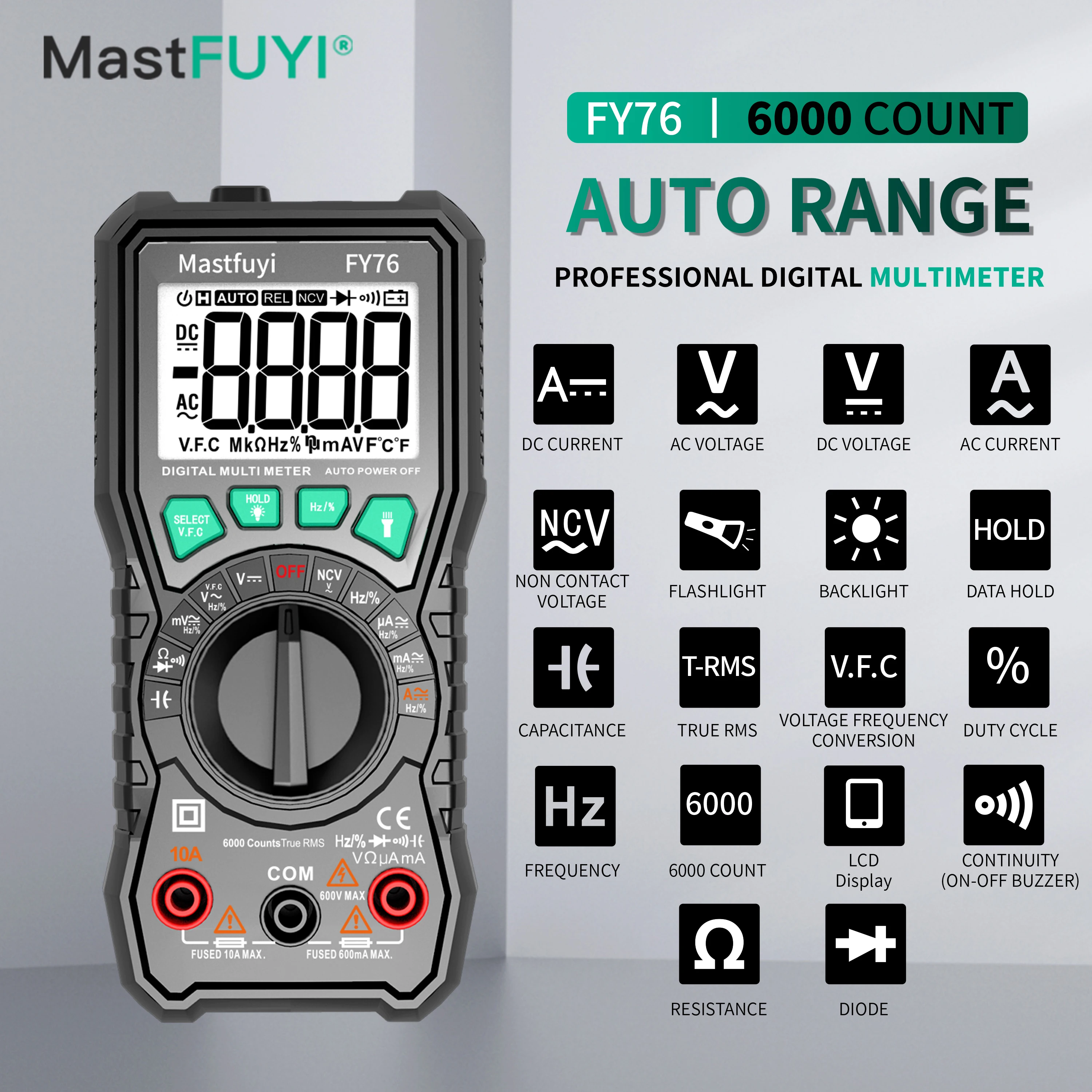 MASTFUYI FY76 Digital Multimeter 6000 Counts AC/DC Voltage Current Meter Resistance Ohm LCD Backlight Electrician Detector