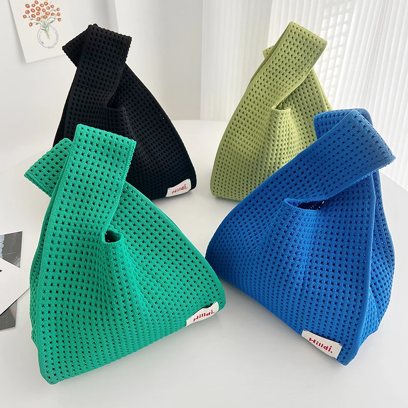 Skeleton Solid Color Knitted Bag Women'S Mini Knot Wristlet Hundred Large Capacity Mesh Handbag Reusable Shopping Bag Summer