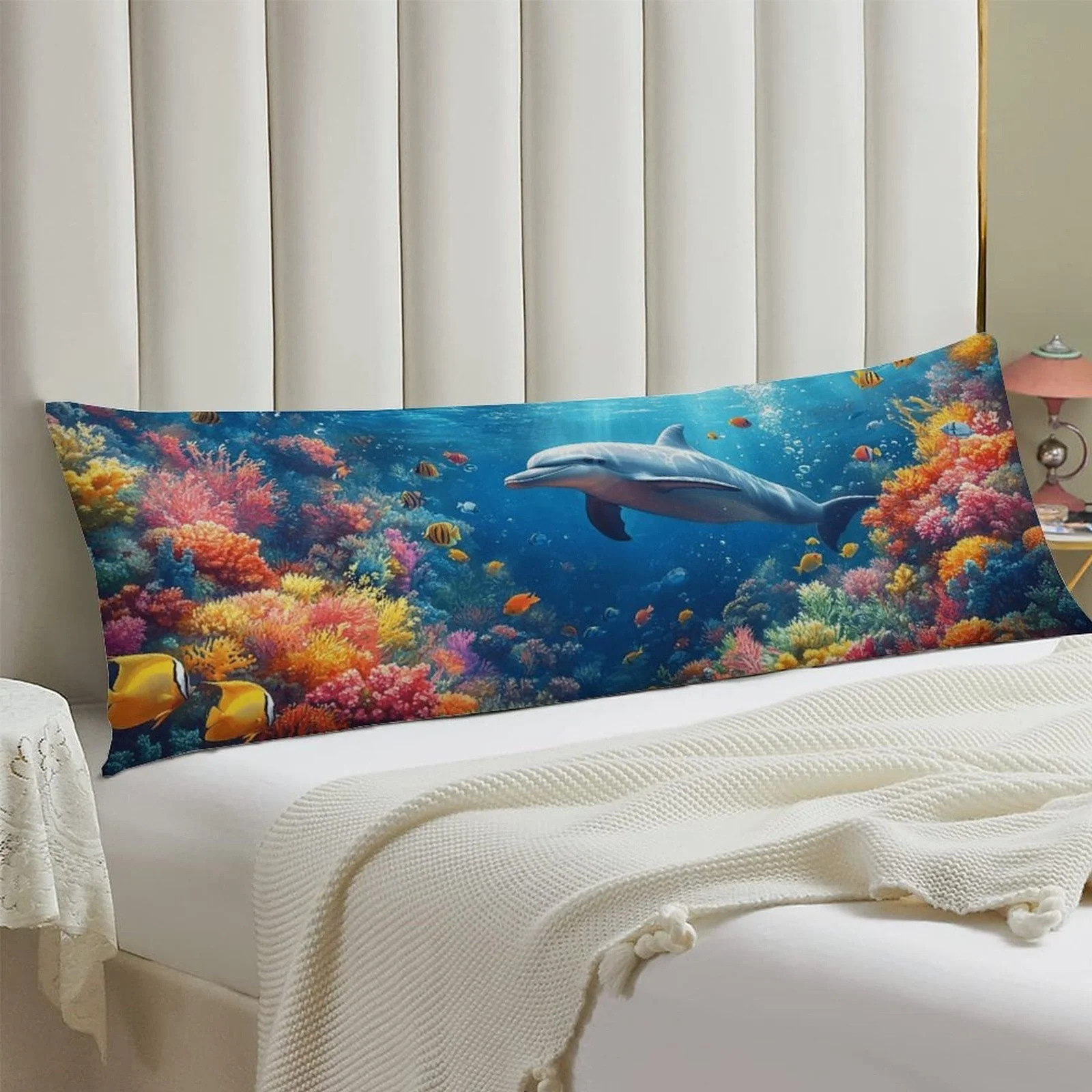 Marine Life Dolphin Pattern Pillowcase, Stylish Plush Long Bed Pillowcase, Soft and Comfortable Decorative Double-Sided Print La