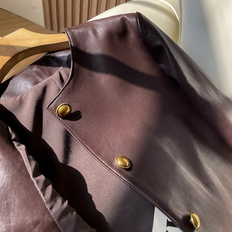 Vintage Wine Red Women's Real Leather Jackets Chic O-neck Single Breasted Female First Layer Sheepskin Short Jackets Coats 2025