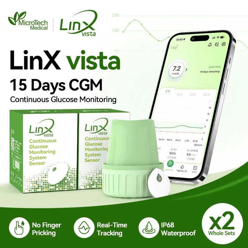 MicroTech LinX Vista CGM 2 Sets, Monitor Continuo de Glucosa, Kit de Medidor de Glucosa sin Pinchazos en el Dedo