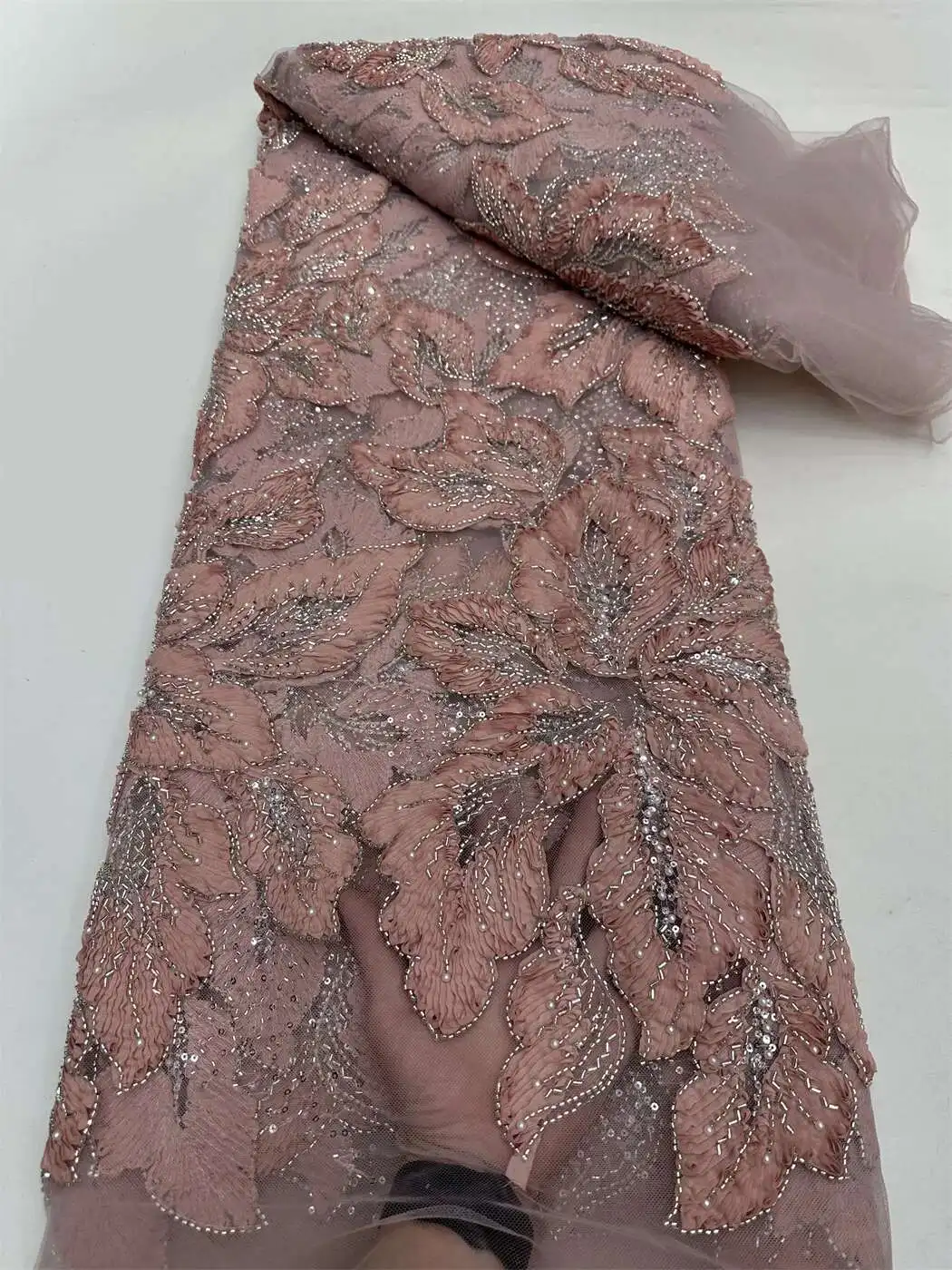 

African Sequins Beaded Lace Fabrics High Quality Embroidery French Nigerian Lace Fabric For Wedding Sewing Material