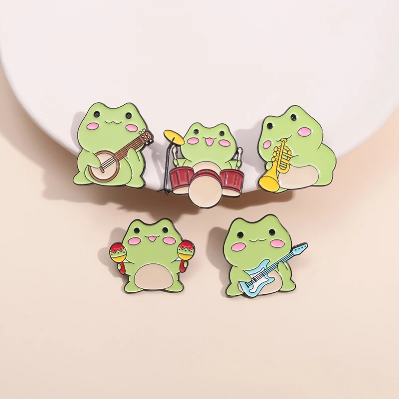 Cute Rock Band Frogs Enamel Pin Playing Guitar Drums Brooch Metal Lapel Badge Backpack Clothes Cartoon Animal Jewelry For Gift