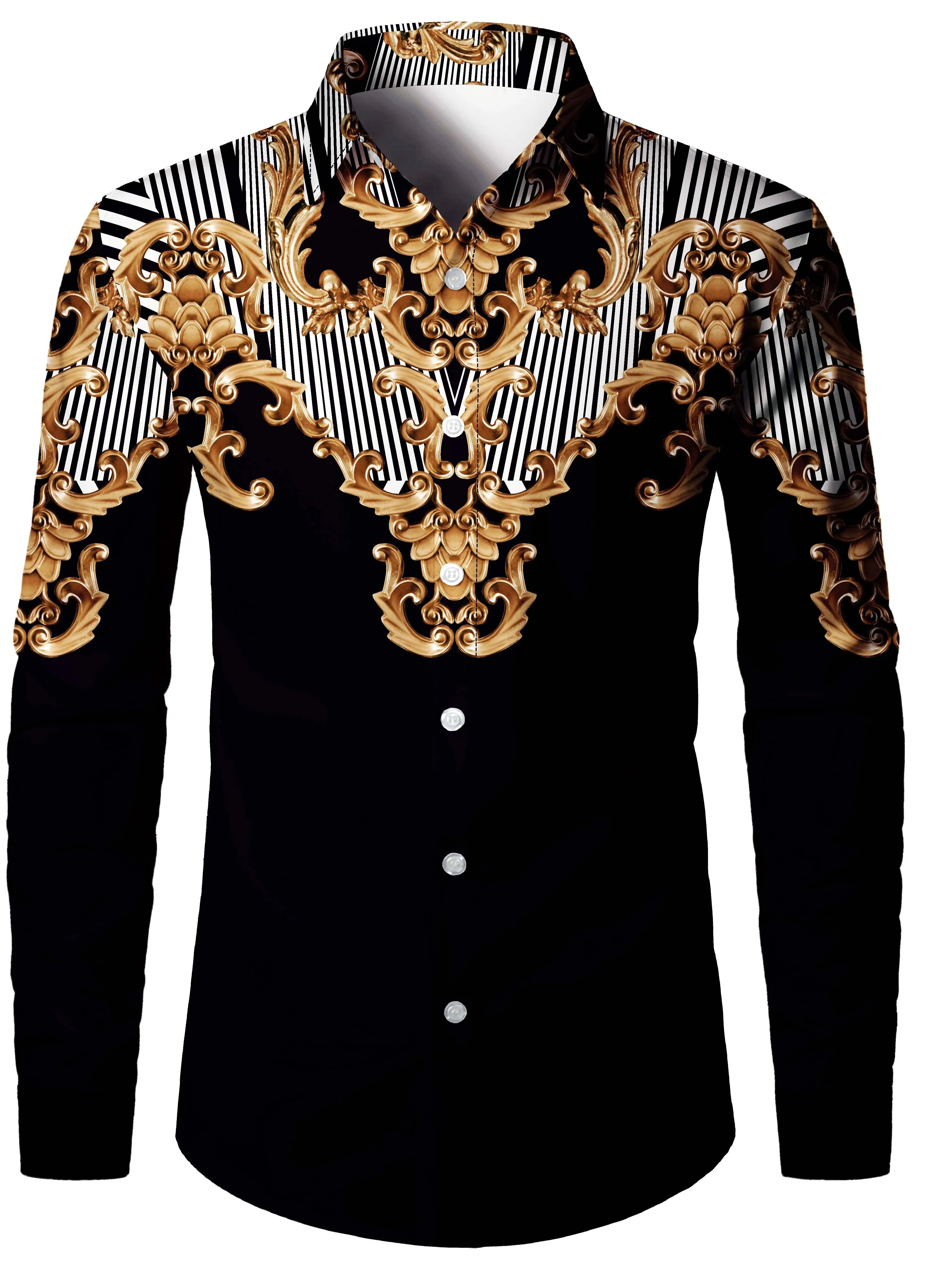 Baroque style retro pattern men's colorblock long-sleeved button-down shirt, suitable for spring and autumn banquet occasions