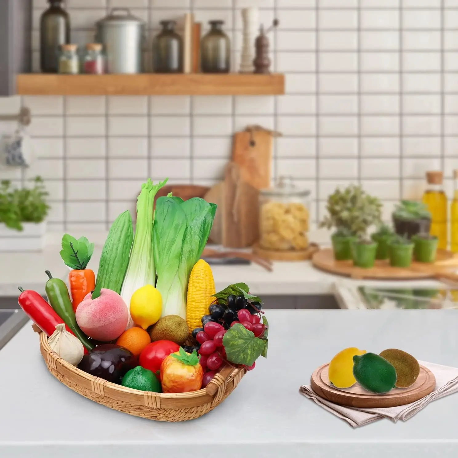 18pcs Artificial Simulation Fruits Vegetables Decoration Grape Peach Strawberry Orange Kiwi Peppers Carrots Garlic Tomatoes